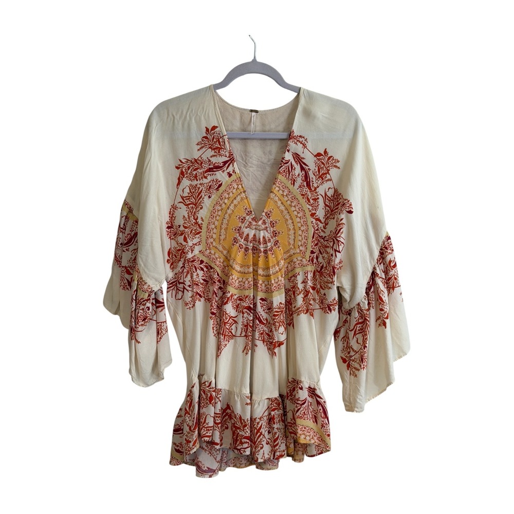 Free People Tunic Top Sunset Dreams S Ivory Orange Boho Bell Sleeve V-Neck - Picture 2 of 11